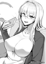 Rule 34 | 1girl, blush, book, breasts, carmilla (fate), couch, fate/grand order, fate (series), fue (rhomphair), glasses, greyscale, highres, large breasts, looking at viewer, monochrome, motion lines, nail polish, open mouth, signature, sitting, smile