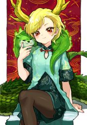 Rule 34 | 1girl, adapted costume, animal, animal ears, animal on shoulder, antlers, arm up, black thighhighs, blonde hair, blue dress, blush, breasts, chinese clothes, cleavage, closed eyes, commentary request, dragon horns, dragon tail, dress, fingernails, highres, horns, howhow notei, kicchou yachie, looking at viewer, medium breasts, nail polish, on shoulder, otter ears, otter spirit (touhou), otter tail, pink nails, red eyes, short hair, sitting, smile, solo, sweatdrop, tail, thighhighs, touhou, turtle shell, whiskers