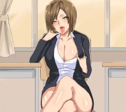Rule 34 | 1girl, blush, breasts, brown hair, cleavage, female focus, highres, large breasts, looking at viewer, naughty face, open mouth, samurai (movemusic), sitting, solo, teacher, tongue, tongue out, yellow eyes