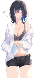 Rule 34 | 1girl, absurdres, bad hands, black hair, black shorts, blue hair, blush, bra, breasts, cowboy shot, cup, dolphin shorts, grey bra, haru (haru83380282), highres, holding, holding cup, ichinose uruha, large breasts, long sleeves, looking at viewer, medium hair, messy hair, multicolored hair, navel, off shoulder, open clothes, open shirt, purple eyes, shirt, shorts, simple background, single bare shoulder, solo, sports bra, streaked hair, toothbrush in mouth, underwear, virtual youtuber, vspo!, white background, white shirt