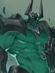 Rule 34 | 1boy, abs, armor, bara, bare pectorals, character request, check character, check copyright, colored skin, copyright request, fake horns, glowing, glowing eye, gomtang, green skin, helmet, horned helmet, horns, large pectorals, male focus, mordekaiser, muscular, muscular male, navel, nipples, pauldrons, pectorals, revealing clothes, shoulder armor, solo, stomach, upper body