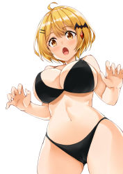 Rule 34 | 1girl, ahoge, bat hair ornament, bikini, black bikini, blonde hair, blush, breasts, cameltoe, claw pose, cleavage, commentary, covered erect nipples, cowboy shot, fangs, from below, gluteal fold, hair between eyes, hair ornament, hairclip, highleg, highleg bikini, hololive, kosuke (bb), large breasts, looking at viewer, navel, open mouth, short hair, simple background, solo, stomach, swimsuit, virtual youtuber, white background, yellow eyes, yozora mel