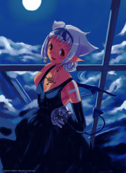 Rule 34 | 1girl, 53box, bare shoulders, black dress, collarbone, demon tail, demon wings, dress, earrings, full moon, gauntlets, goth fashion, hand on own hip, jewelry, looking at viewer, moon, moonlight, night, night sky, original, pointy ears, red eyes, sango (53box), short hair, silver hair, sky, sleeveless, sleeveless dress, solo, tail, wings