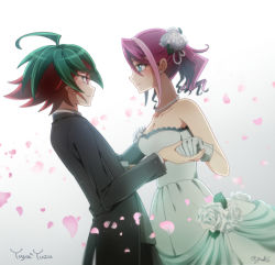 Rule 34 | 1boy, 1girl, ahoge, black jacket, blue eyes, breasts, character name, cleavage, collarbone, couple, dress, dyed bangs, earrings, eye contact, flower, from side, gradient background, green hair, grey background, hair between eyes, hair flower, hair intakes, hair ornament, hetero, hiiragi yuzu, holding hands, jacket, jewelry, long hair, long sleeves, looking at another, medium breasts, multicolored hair, necklace, pink hair, profile, red eyes, red hair, rose, sakaki yuya, sleeveless, sleeveless dress, strapless, strapless dress, twitter username, two-tone hair, white background, white dress, white flower, white rose, yu-gi-oh!, yu-gi-oh! arc-v, yun yu