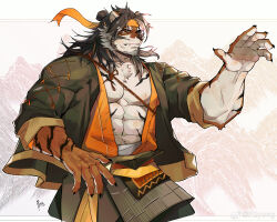 Rule 34 | 1boy, abs, arknights, bara, claws, facial hair, fang, fighting stance, furry, furry male, goatee, headband, highres, huai tianpei (arknights), long hair, male focus, mountain, orange eyes, orange fur, orange headband, pectorals, ppyong, signature, simple background, solo, striped, tiger boy, white background, white fur