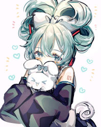 Rule 34 | &gt; &lt;, 1girl, alternate hairstyle, animal, aqua eyes, aqua hair, bare shoulders, blue bow, blush, bow, cinnamiku, cinnamoroll, covered mouth, crossover, detached sleeves, ear bow, hair bow, hands up, happy, hatsune miku, headphones, heart, highres, holding, holding animal, leaning forward, looking at viewer, norisukexxy, sanrio, simple background, sleeves past fingers, sleeves past wrists, tail, tied ears, updo, upper body, vocaloid, white background
