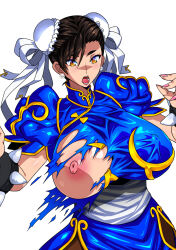 Rule 34 | 1girl, breasts, brown eyes, brown hair, capcom, chinese clothes, chun-li, cleavage, female focus, highres, huge breasts, large breasts, nipples, open mouth, pantyhose, raisuta, short hair, street fighter, white background