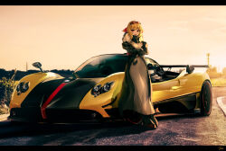 Rule 34 | 1girl, absurdres, black footwear, black jacket, blonde hair, boots, car, commentary, crossed arms, dress, eyewear on head, hair ribbon, highres, hololive, hololive indonesia, jacket, kaela kovalskia, letterboxed, long hair, long jacket, looking at viewer, motor vehicle, nougat (73r1r1), open mouth, pagani, pagani zonda, red eyes, red ribbon, ribbon, sky, solo, spoiler (automobile), sports car, sunglasses, vehicle focus, virtual youtuber, white dress