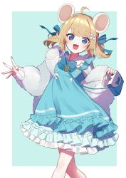 Rule 34 | 1girl, :d, absurdres, ahoge, animal ears, bag, blonde hair, blue bow, blue eyes, blue ribbon, blush, bow, dress, highres, long hair, long sleeves, looking at viewer, mochizuki mochi, open mouth, original, ribbon, shoulder bag, sleeves past wrists, smile, solo, standing, twintails, white bow