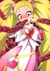Rule 34 | 1girl, blonde hair, blush, bow, capelet, cum, cum in mouth, detached sleeves, dress, earrings, facial, fellatio, floating hair, frilled sleeves, frills, futari wa precure, futari wa precure max heart, green eyes, hair bow, hair ornament, heart, heart earrings, heart hair ornament, highres, irrumatio, jewelry, kujou hikari, long hair, long sleeves, looking at viewer, magical girl, oral, pink bow, pink capelet, pink dress, pink footwear, pink sleeves, precure, rape, red background, shiny luminous, short dress, solo, takenoko, tears, tentacles, twintails, very long hair