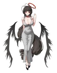 1girl absurdres alternate_costume antenna_hair arm_behind_back averting_eyes bare_shoulders black_footwear black_hair black_wings blood blood_halo blue_archive blunt_bangs breasts choker cleavage closed_mouth commentary_request covered_navel dongtan_dress dress embarrassed facing_viewer floating_hair full_body furrowed_brow grey_dress halo hand_up highres jaffna korean_commentary large_breasts large_wings light_blush liquid_halo long_hair low-tied_long_hair low_wings melting_halo meme_attire mixed-language_commentary nervous_smile pencil_dress red_choker red_eyes red_halo shoes simple_background sleeveless sleeveless_dress smile solo spaghetti_strap standing tachi-e taut_clothes taut_dress tsurugi_(blue_archive) twirling_hair very_long_hair white_background wings