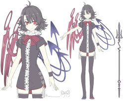 Rule 34 | 1girl, asymmetrical footwear, asymmetrical wings, black dress, black hair, black thighhighs, blue footwear, bow, bowtie, closed mouth, commentary, commission, dress, houjuu nue, long hair, looking at viewer, mismatched footwear, multiple views, red bow, red bowtie, red eyes, red footwear, sakuraba yuuki, shoes, short sleeves, simple background, skeb commission, sketch, smile, thighhighs, touhou, white background, wings