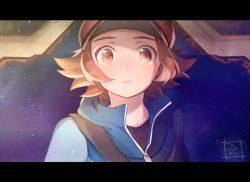 Rule 34 | 1boy, aoya (ayoyame18), baseball cap, blue jacket, brown eyes, brown hair, commentary request, creatures (company), game freak, hat, hilbert (pokemon), jacket, letterboxed, looking at viewer, male focus, nintendo, pokemon, pokemon bw, red hat, shirt, short hair, signature, solo, teeth, upper body, upper teeth only, zipper pull tab