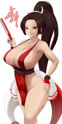 Rule 34 | 1girl, absurdres, bad id, bad pixiv id, breasts, fatal fury, folded fan, folding fan, hand fan, highres, huge breasts, legs together, no bra, no panties, pelvic curtain, ponytail, shiranui mai, smile, solo, thighs