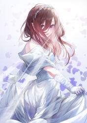 1girl absurdres bare_shoulders blue_eyes blush brown_hair circlet clothes_lift dress elbow_gloves floating_hair fudepenbrushpen gloves go-toubun_no_hanayome hair_between_eyes hairband highres light_rays long_hair looking_at_viewer nakano_miku off-shoulder_dress off_shoulder petals skirt skirt_hold skirt_lift smile solo straight_hair strapless strapless_dress sunbeam sunlight wedding_dress white_dress white_gloves