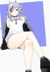 Rule 34 | 1girl, bare legs, black choker, black footwear, black hair, black jacket, blush, choker, closed mouth, commentary request, crossed legs, fang, fang out, hair bun, highres, hood, hoodie, horns, jacket, long hair, looking at viewer, mole, mole on thigh, mole under mouth, multicolored hair, nekoume, nijisanji, off shoulder, oni, open clothes, open jacket, pointy ears, purple eyes, rindou mikoto, shoes, short eyebrows, side bun, silver hair, simple background, single hair bun, single side bun, sitting, skin-covered horns, skin fang, sleeveless, sleeveless hoodie, solo, streaked hair, swept bangs, thick eyebrows, thighs, virtual youtuber, white hoodie