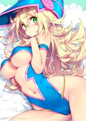 Rule 34 | 1girl, armband, bare shoulders, blonde hair, blue hat, blue leotard, blush, blush stickers, breasts, center opening, cleavage, closed mouth, dark magician girl, duel monster, green eyes, hair between eyes, hands on own chest, hat, hip focus, hong (white spider), large breasts, leotard, long hair, looking at viewer, making-of available, navel, solo, thighs, underboob, wizard hat, yu-gi-oh!, yu-gi-oh! duel monsters