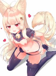Rule 34 | 1girl, :3, ahoge, animal ears, bell, black panties, black thighhighs, blonde hair, breasts, dog ears, dog tail, from above, garter belt, garter straps, hair ornament, hairclip, heart, highres, jingle bell, kneeling, long hair, looking up, navel, nipples, open mouth, original, panties, panty pull, pulled by self, pussy, pussy peek, red eyes, sakurayume kome, simple background, small breasts, smile, solo, tail, thighhighs, topless, underwear, white background