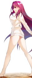 Rule 34 | 1girl, back, barefoot, breasts, carpet, covered erect nipples, expressionless, fate/grand order, fate (series), from side, hair behind ear, hair between eyes, hair intakes, highres, kneepits, large breasts, legs apart, long hair, long sleeves, looking at viewer, looking back, mitsurugi sugar, naked sweater, purple hair, red eyes, ribbed sweater, scathach (fate), simple background, solo, standing, sweater, thighs, turtleneck, turtleneck sweater, very long hair, white background, white sweater