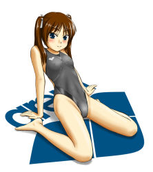 Rule 34 | 1girl, arm support, barefoot, blue eyes, blush, brown hair, cameltoe, competition swimsuit, covered erect nipples, covered navel, female focus, flat chest, hair ribbon, highleg, highleg swimsuit, kneeling, legs, long hair, one-piece swimsuit, original, ribbon, simple background, solo, swimsuit, tk4, twintails, white background