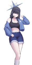 Rule 34 | 1218 haruru, 1girl, absurdres, baseball cap, black hair, black hat, black sports bra, blue archive, blue eyes, blue halo, blue jacket, blue shorts, breasts, closed mouth, feet out of frame, halo, hand up, hat, highres, jacket, jewelry, large breasts, long hair, long sleeves, looking at viewer, midriff, open clothes, open jacket, ring, saori (blue archive), shorts, simple background, single bare shoulder, single off shoulder, socks, solo, sports bra, standing, white background, white socks