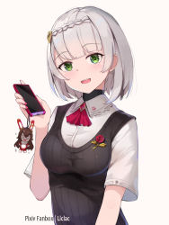 Rule 34 | 1girl, :d, artist name, baron bunny (genshin impact), blush, braid, breasts, brown background, cellphone, cellphone charm, charm (object), collared shirt, commentary request, dress shirt, genshin impact, glint, green eyes, grey hair, hair ornament, hand up, head tilt, highres, holding, holding phone, liclac, looking at viewer, medium breasts, nail polish, noelle (genshin impact), open mouth, phone, school uniform, shirt, short sleeves, simple background, smartphone, smile, solo, sweater vest, teeth, upper body, upper teeth only, white shirt