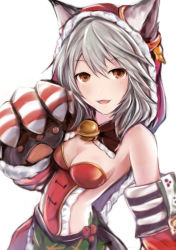 Rule 34 | 10s, 1girl, animal ears, animal hands, armpits, ass, bare shoulders, bell, blush, breasts, brown eyes, claws, cleavage, commentary request, cowboy shot, detached sleeves, erune, fang, fur trim, granblue fantasy, green skirt, grey hair, hair between eyes, jingle bell, long hair, looking at viewer, nannacy7, open mouth, paw pose, pleated skirt, red eyes, santa costume, sen (granblue fantasy), sideboob, simple background, skirt, small breasts, smile, solo, speech bubble, white background