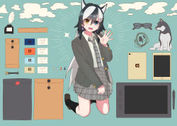Rule 34 | 10s, 1girl, absurdres, alternate costume, animal ears, bad id, bad pixiv id, black hair, black socks, blush, drawing tablet, earrings, grey wolf (kemono friends), highres, inkwell, japari symbol, jewelry, kemono friends, kneehighs, long hair, long sleeves, looking at viewer, multicolored hair, necktie, open mouth, plaid, plaid necktie, plaid neckwear, plaid skirt, ponta (matsuokazieg), quill, skirt, smile, socks, solo, stylus, tablet pc, tail, teeth, very long hair, white hair, wolf, wolf ears, wolf tail