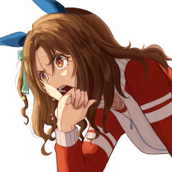 Rule 34 | 1girl, animal ears, bow, brown eyes, brown hair, commentary, ear covers, facing ahead, from side, green bow, gym uniform, highres, horse ears, horse girl, jacket, king halo (umamusume), long hair, red jacket, red track suit, sakata s2023, simple background, solo, tracen training uniform, track jacket, track suit, umamusume, upper body, white background