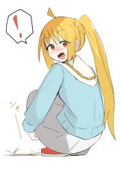 Rule 34 | 1girl, absurdres, bachirimu, blonde hair, blush, bocchi the rock!, highres, ijichi nijika, looking at viewer, open mouth, peeing, puddle, side ponytail, solo, squatting, white background