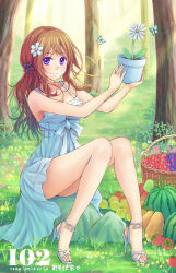 Rule 34 | 1girl, blue eyes, brown hair, dress, flower, flower pot, food, fruit, hair flower, hair ornament, high heels, highres, legs, long hair, nature, open shoes, original, plant, potted plant, sandals, shoes, sitting, smile, solo, suikakitsu shiro, tomato, tree, watermelon, xia you qing