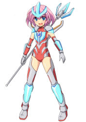 Rule 34 | 1girl, armor, blue armor, blue eyes, blush, bodysuit, boots, cross (crossryou), crystal, ginga spark, ginga spark lance, gloves, grey footwear, grey gloves, grey leotard, headpiece, holding, leotard, looking at viewer, mechanical wings, open mouth, personification, pink hair, polearm, red footwear, red gloves, red leotard, short hair, shoulder pads, smile, spear, standing, thighhighs, trident, ultra series, ultraman ginga, ultraman ginga (series), weapon, white background, wings