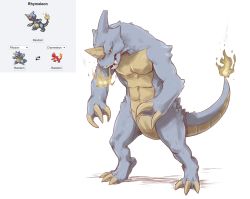 Rule 34 | arrow (symbol), charmeleon, claws, commentary, creature, creatures (company), english commentary, fatmanass, flame-tipped tail, full body, fusion, game freak, gen 1 pokemon, nintendo, no humans, pokemon, pokemon (creature), rhydon, simple background, standing, white background