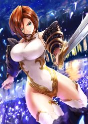 Rule 34 | 10s, 1girl, aqua eyes, black knight (granblue fantasy), breasts, brown hair, covered navel, cowboy shot, granblue fantasy, highres, large breasts, leotard, looking at viewer, parted lips, partially submerged, short hair, solo, suzumushi, sword, thighhighs, wading, water, weapon, white thighhighs, wide hips