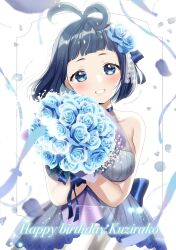 Rule 34 | 1girl, antenna hair, bare shoulders, blue dress, blue eyes, blue flower, blue hair, blue rose, blunt bangs, blush, bouquet, breasts, character name, cleavage, dress, flower, framed, grin, hair flower, hair ornament, happy birthday, highres, holding, holding bouquet, indie virtual youtuber, kazepana, large breasts, looking at viewer, rose, see-through, see-through cleavage, short hair, sleeveless, sleeveless dress, smile, solo, sorara kujirako, virtual youtuber