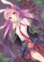 Rule 34 | 1girl, adapted costume, animal ears, bare shoulders, belt, blazer, extra ears, finger to mouth, floating hair, hair ornament, jacket, jewelry, long hair, necktie, off shoulder, open clothes, open jacket, partially submerged, pink eyes, purple hair, rabbit ears, red necktie, reisen udongein inaba, shirt, skirt, sleeveless, sleeveless shirt, solo, tika (mika4975), touhou, very long hair, water