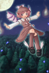Rule 34 | 1girl, animal ears, brown socks, dress, female focus, forest, hat, kneehighs, magic circle, mary janes, moon, mystia lorelei, na (cf-subsphere), nature, night, night sky, outstretched arms, pink eyes, pink hair, shoes, short hair, sky, socks, solo, spread arms, touhou, wings