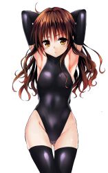 Rule 34 | arm up, armpits, breasts, brown hair, eyebrows hidden by hair, gloves, gluteal fold, heattech leotard, highleg, highleg leotard, highres, leotard, long hair, looking at viewer, small breasts, thighhighs, thighs, to love-ru, turtleneck, yellow eyes, yuuki mikan