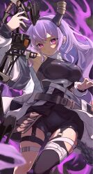 Rule 34 | 1girl, arknights, arm up, armpits, black hairband, black shirt, black shorts, black thighhighs, bow (weapon), breasts, compound bow, dot nose, fake horns, feet out of frame, floating hair, garter straps, hairband, highres, holding, holding bow (weapon), holding weapon, horns, lamune otohara, large breasts, legs apart, looking at viewer, parted lips, pink eyes, purple background, purple hair, shirt, shorts, sidelocks, single thighhigh, sleeveless, sleeveless shirt, solo, thighhighs, thighs, typhon (arknights), weapon