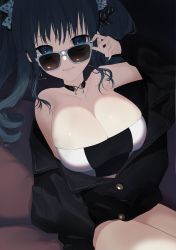 Rule 34 | 1girl, absurdres, bad id, bad pixiv id, bare shoulders, blue eyes, bow, breasts, choker, cleavage, earrings, unworn eyewear, hair bow, highres, holding, holding removed eyewear, jacket, jewelry, large breasts, lips, looking at viewer, nail polish, naomasap, original, parted lips, polka dot, polka dot bow, sidelocks, sitting, solo, striped, striped bow, sunglasses, thighs, twintails