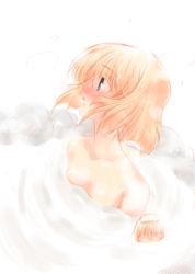 Rule 34 | 2girls, alice margatroid, bare shoulders, bath, blonde hair, blue eyes, blush, boulder, breasts, collarbone, dual persona, female focus, kokono coco, lips, looking up, multiple girls, nude, onsen, open mouth, rock, same-sex bathing, shared bathing, short hair, simple background, small breasts, solo, steam, stone, surprised, touhou, towel, towel on head, water, wet, white background, wind, wind lift