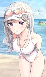 Rule 34 | 2girls, arms behind back, ban (puka 0507), bare shoulders, beach, blue sky, blush, breasts, cleavage, closed mouth, collarbone, commentary, competition swimsuit, cowboy shot, eyewear on head, flying sweatdrops, green innertube, grey hair, groin, hair behind ear, hat, highleg, highleg swimsuit, highres, horizon, idolmaster, idolmaster shiny colors, leaning forward, long hair, looking at viewer, medium breasts, multiple girls, ocean, on innertube, one-piece swimsuit, outdoors, parted bangs, purple eyes, sand, sky, smile, solo, swimsuit, tanaka mamimi, visor cap, white hat, white one-piece swimsuit, yukoku kiriko