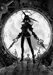 Rule 34 | 1girl, baloolax, bow, breasts, dual wielding, gears, greyscale, high heels, highres, holding, hololive, hololive english, lace, large breasts, monochrome, no pupils, ouro kronii, portal (object), twitter username, virtual youtuber