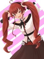 Rule 34 | 1girl, alternate hairstyle, bunching hair, eris greyrat, highres, long hair, looking at viewer, mushoku tensei, open mouth, red eyes, red hair, skirt, smile, solo, twintails