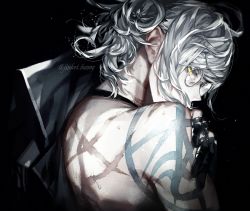 Rule 34 | 1boy, bandaged hand, bandages, edmond dantes (fate), fate/grand order, fate (series), from behind, highres, koshika rina, long hair, male focus, profile, scar, scar on back, scar on neck, shoulder tattoo, solo, tattoo, wavy hair, white hair, yellow eyes