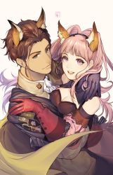 Rule 34 | 1boy, 1girl, absurdres, animal ears, black gloves, breasts, brown hair, cape, claude von riegan, cleavage, closed mouth, dark skin, dark-skinned male, fake animal ears, fire emblem, fire emblem: three houses, fox ears, from side, gloves, green eyes, highres, hilda valentine goneril, hug, long hair, looking to the side, matching hair/eyes, nintendo, open mouth, pink eyes, pink hair, ponytail, red gloves, short hair, simple background, velahka, white background, yellow cape