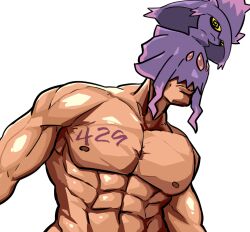Rule 34 | 1boy, @ @, abs, biceps, chest tattoo, closed mouth, commentary, covered eyes, creatures (company), game freak, gen 4 pokemon, gigobyte350, male focus, mismagius, muscular, muscular male, nintendo, nude, on head, pectorals, pokemon, pokemon (creature), pokemon on head, simple background, tattoo, white background