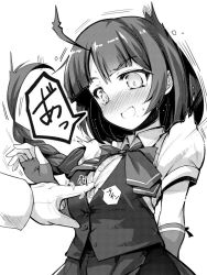 Rule 34 | 1boy, 1girl, ahoge, ai takurou, blush, bow, bowtie, braid, breast poke, breasts, fingerless gloves, full-face blush, gloves, greyscale, kantai collection, long hair, long sleeves, medium breasts, mole, mole under mouth, monochrome, open mouth, poking, remodel (kantai collection), school uniform, short sleeves, simple background, single braid, skirt, surprised, sweat, upper body, white background, yuugumo (kancolle)