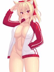 Rule 34 | 1girl, animal ear fluff, animal ears, arm up, blonde hair, blush, breasts, cat ears, cat girl, cleavage, collarbone, commentary, cowboy shot, english commentary, gluteal fold, hair ornament, hand in pocket, highres, jacket, large breasts, long hair, long sleeves, looking at viewer, naked jacket, navel, nottytiffy, open clothes, open jacket, original, parted lips, ponytail, red eyes, simple background, smile, solo, thighs, tiffy (nottytiffy)