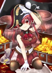 Rule 34 | 1girl, barrel, black thighhighs, blush, breasts, cleavage, commentary request, eyepatch, flag, gloves, gold, hat, hololive, houshou marine, large breasts, looking at viewer, pectorals, pirate hat, red eyes, red hair, see-through, see-through cleavage, sleeveless, smile, solo, thighhighs, treasure, virtual youtuber, white gloves
